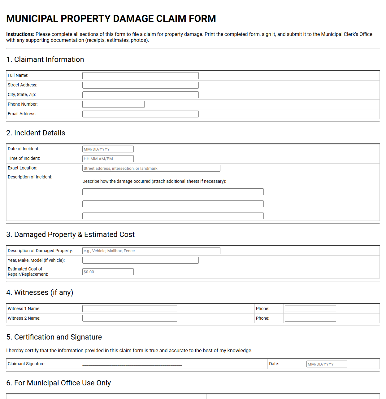 Municipal Property Damage Claim Form