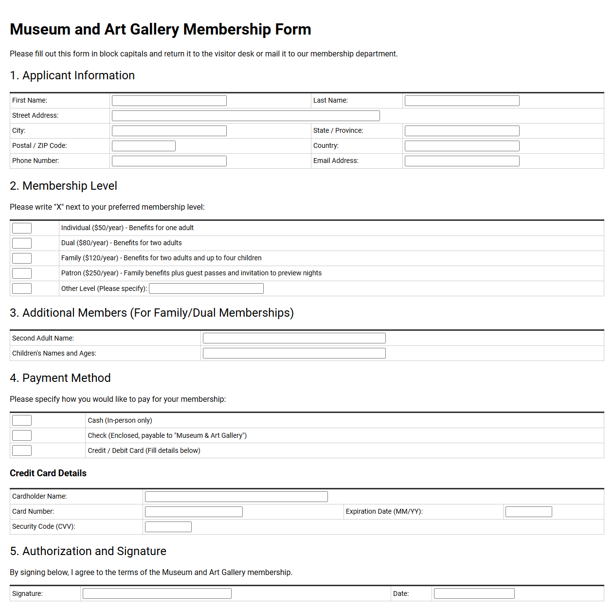 Museum and Art Gallery Membership Form