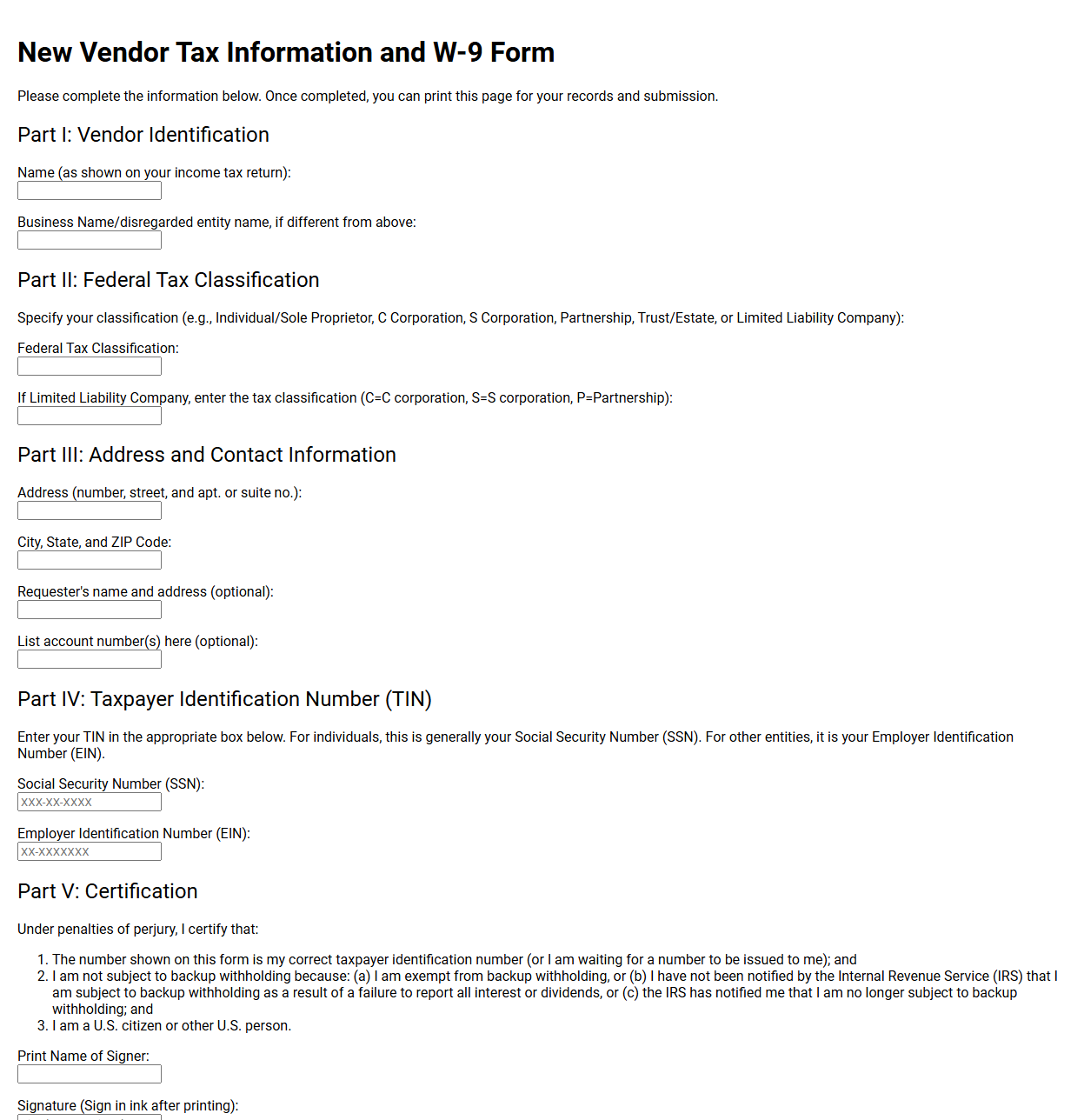 New Vendor Tax Information and W9 Form