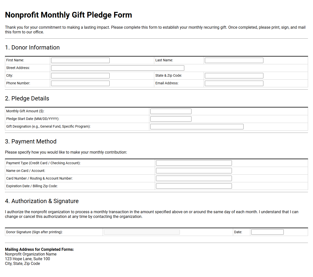 Nonprofit Monthly Gift Pledge Form