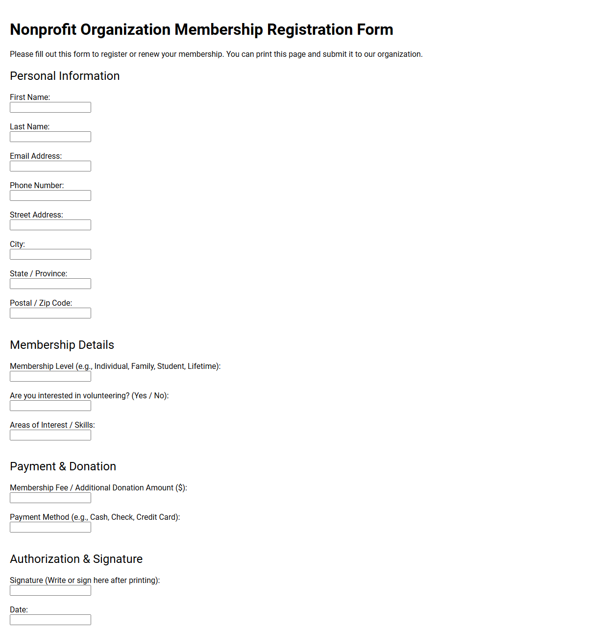 Nonprofit Organization Membership Registration Form