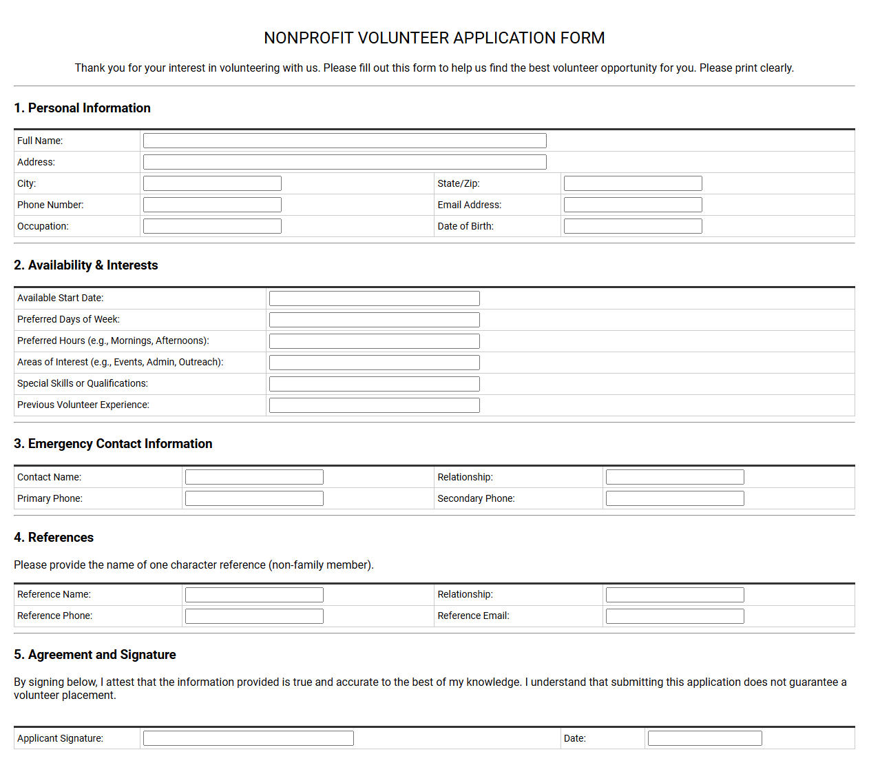 Nonprofit Volunteer Application Form Template