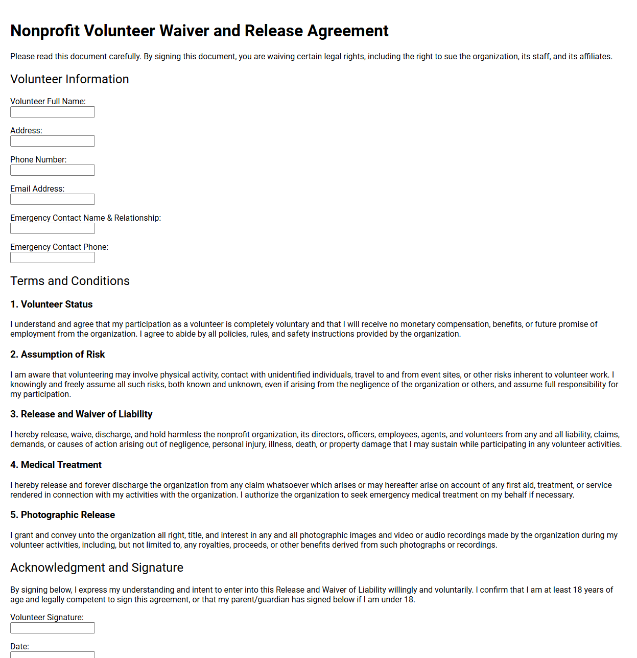 Nonprofit Volunteer Waiver and Release Agreement