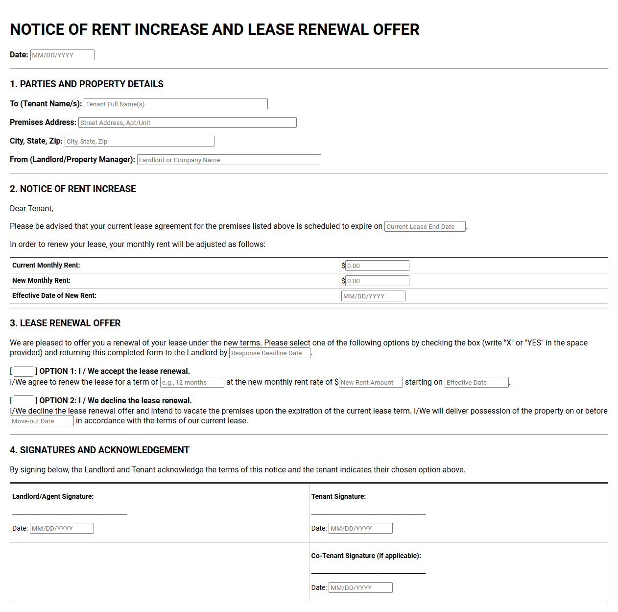 Notice of Rent Increase with Lease Renewal