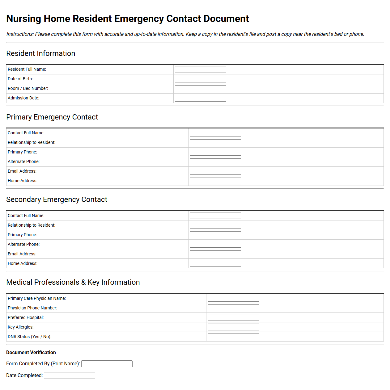 Nursing Home Resident Emergency Contact Document