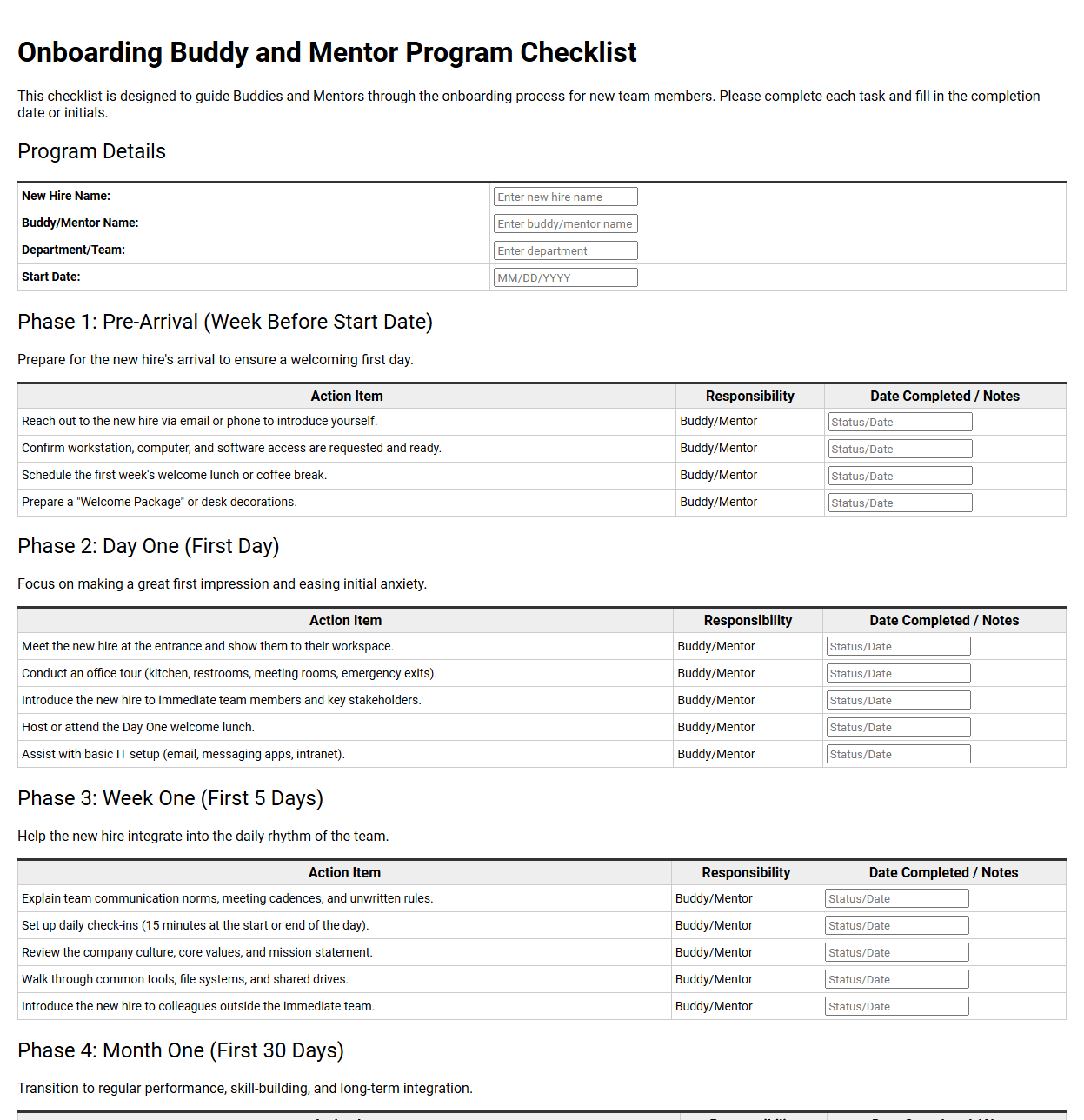 Onboarding Buddy and Mentor Program Checklist