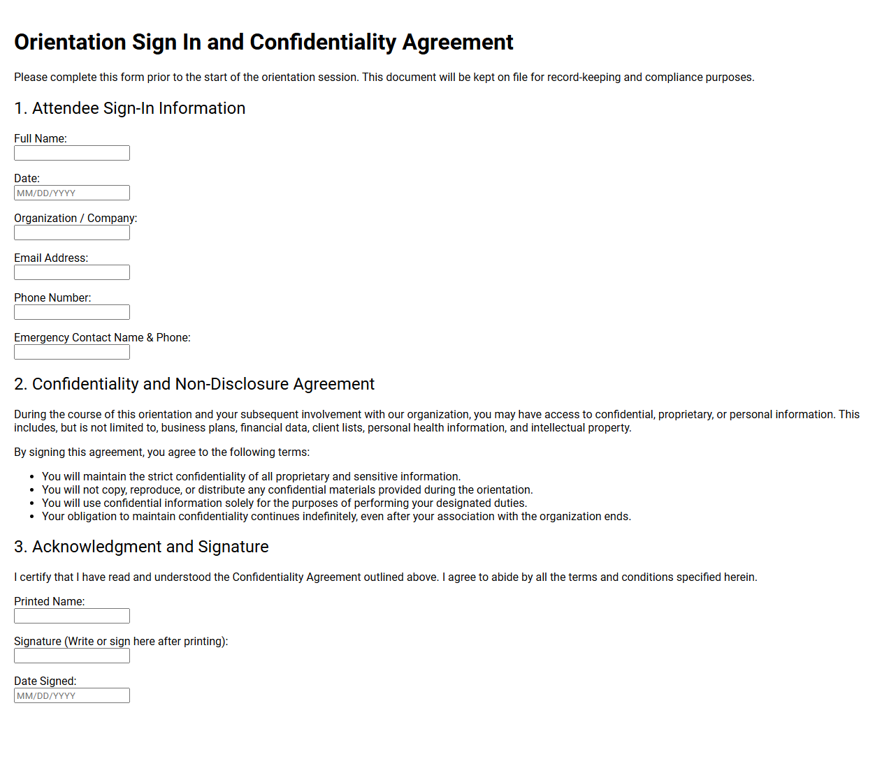 Orientation Sign In and Confidentiality Agreement Form