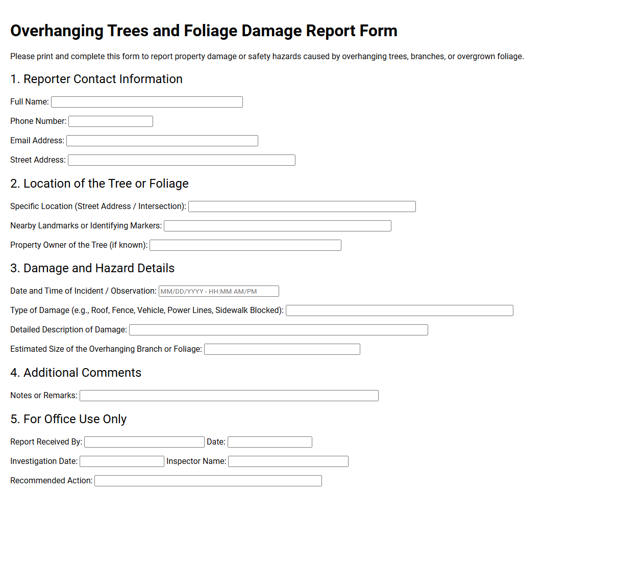 Overhanging Trees and Foliage Damage Report Form