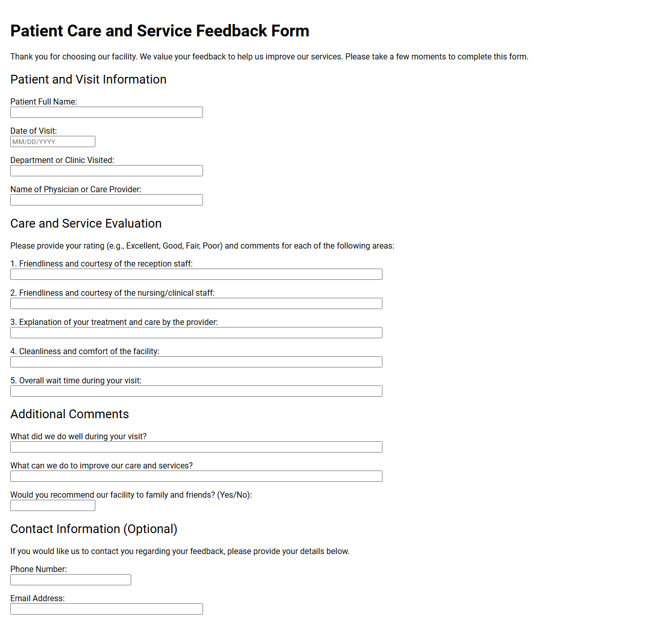 Patient Care and Service Feedback Form