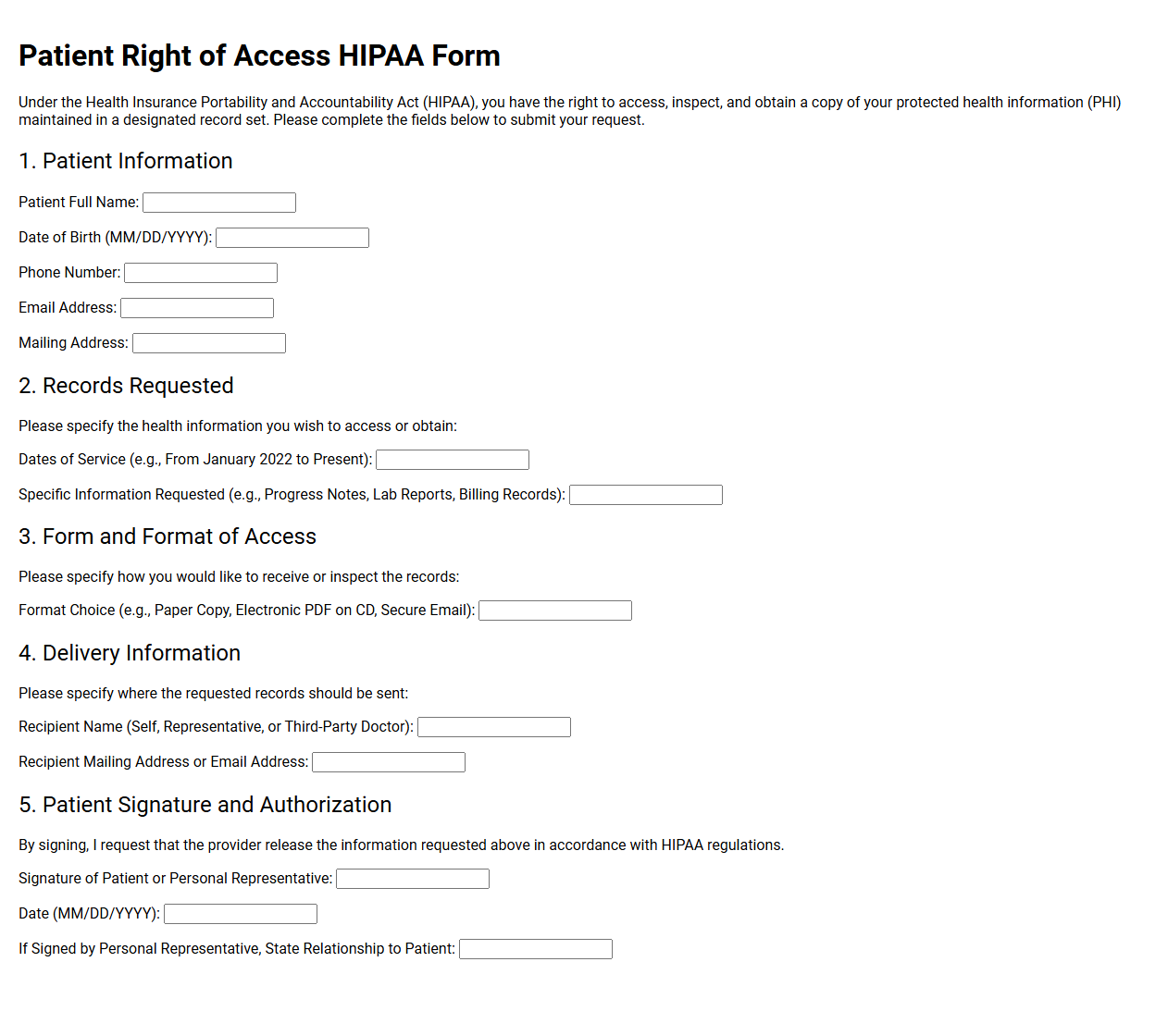 Patient Right of Access HIPAA Form