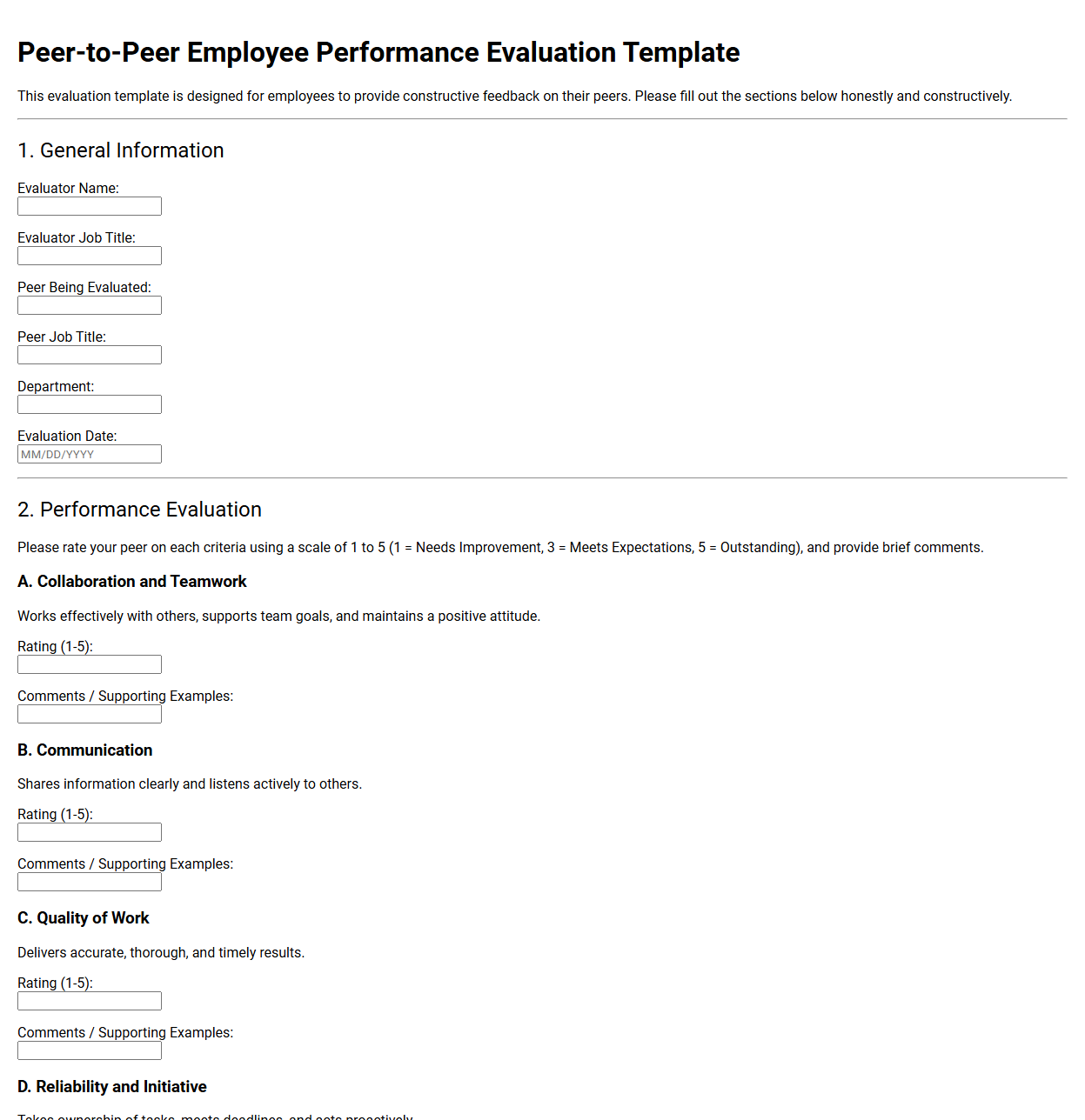 Peer-to-Peer Employee Performance Evaluation Template