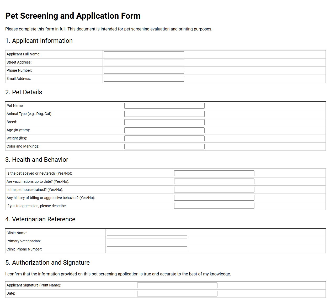 Pet Screening and Application Form