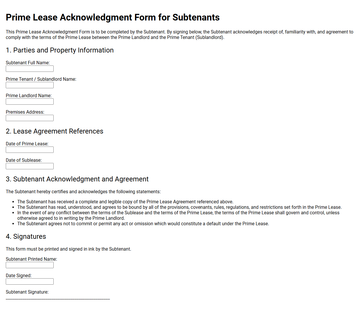 Prime Lease Acknowledgment Form for Subtenants