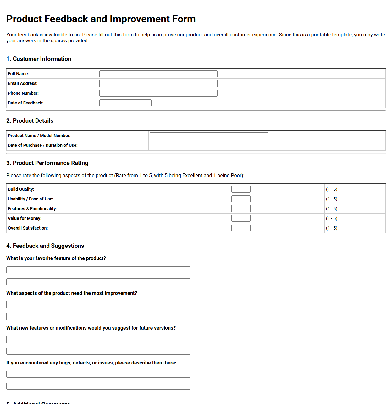 Product Feedback and Improvement Form Template