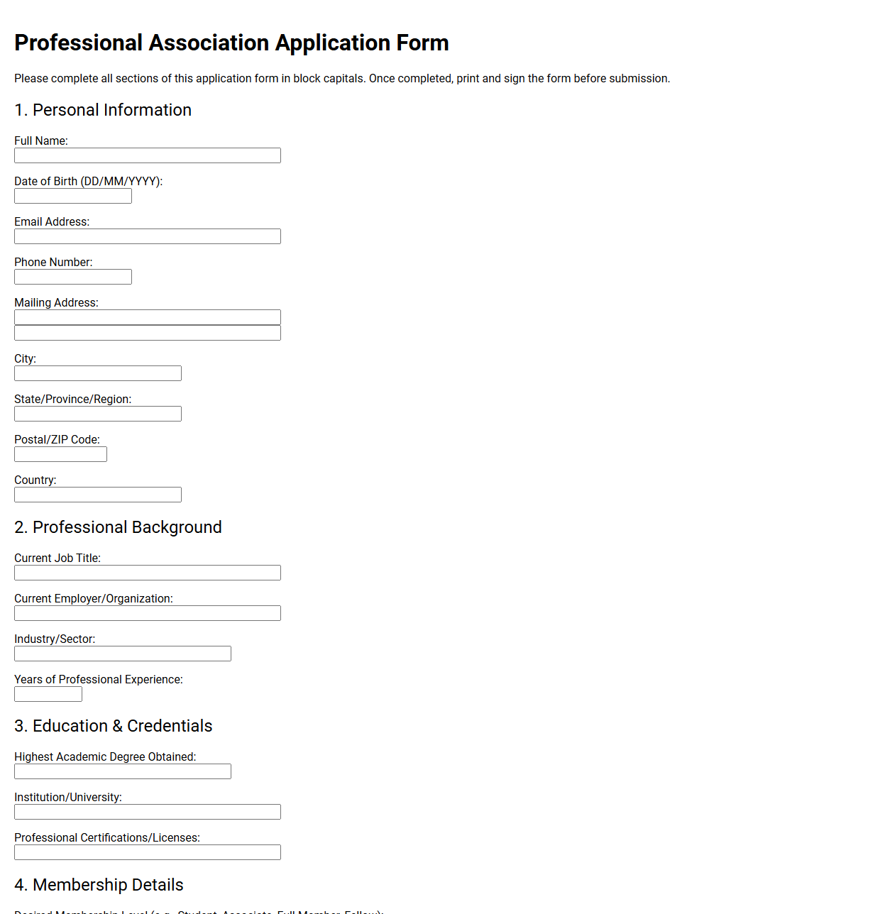 Professional Association Application Form