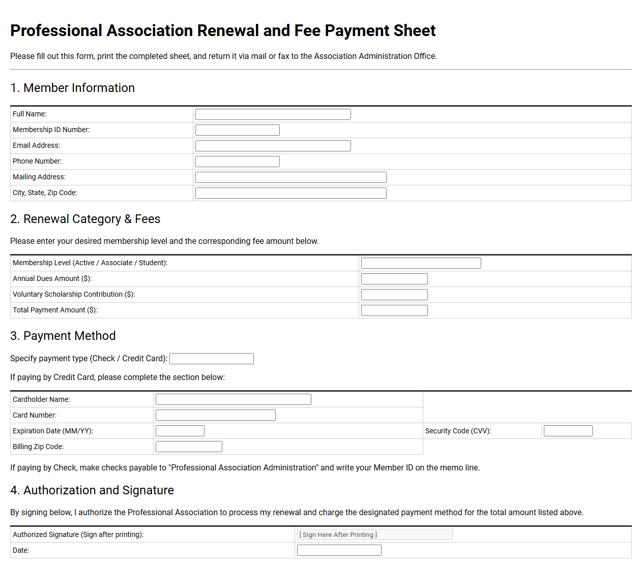 Professional Association Renewal and Fee Payment Sheet