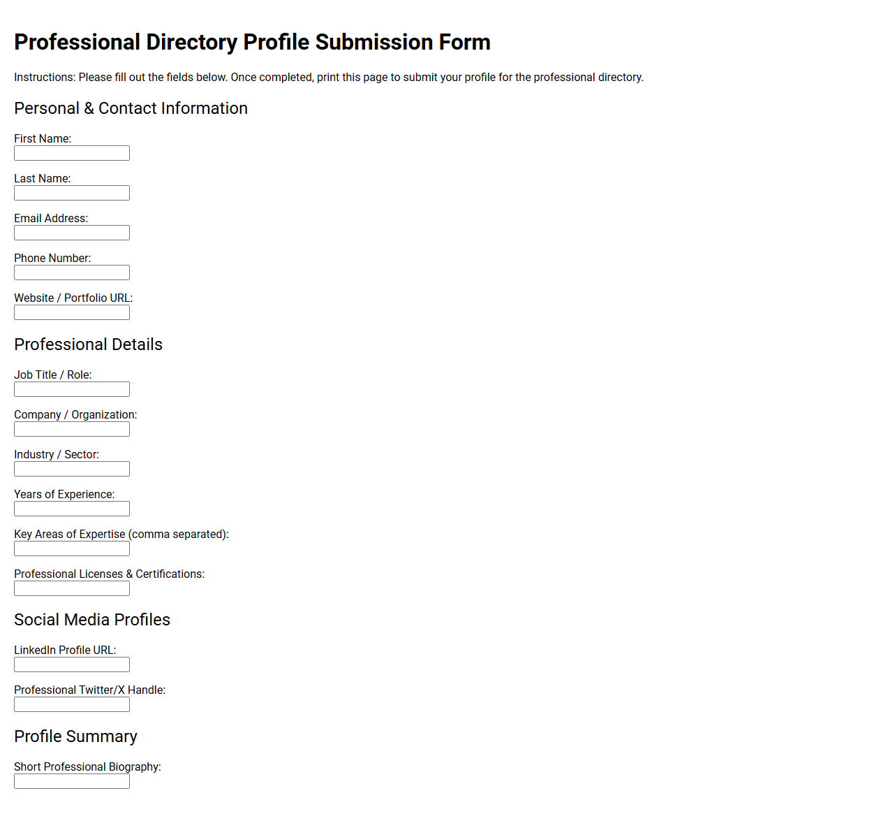 Professional Directory Profile Submission Form