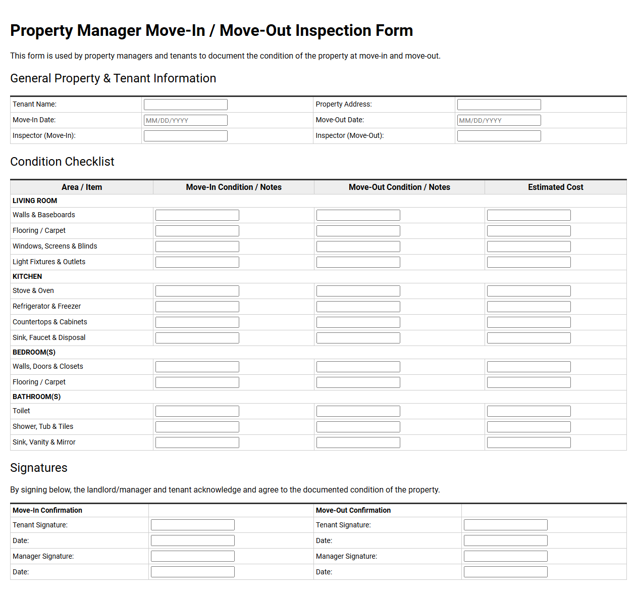 Property Manager Move-In Move-Out Inspection Form