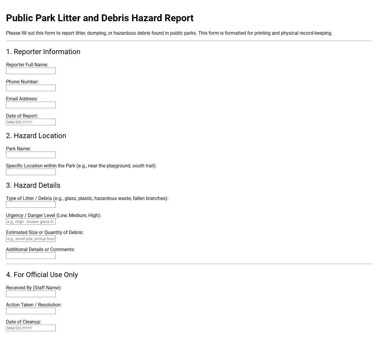 Public park litter and debris hazard report