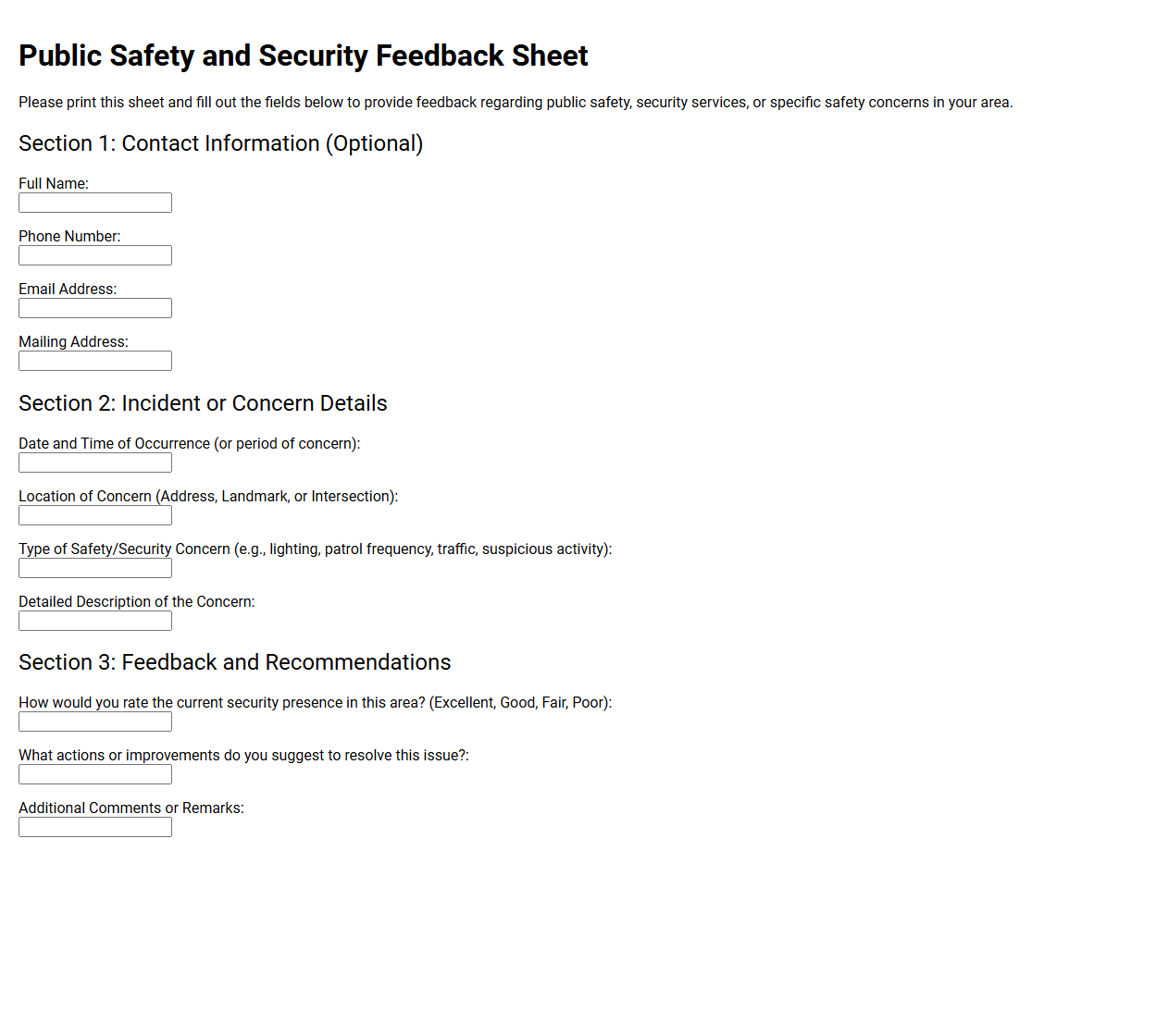 Public Safety and Security Feedback Sheet