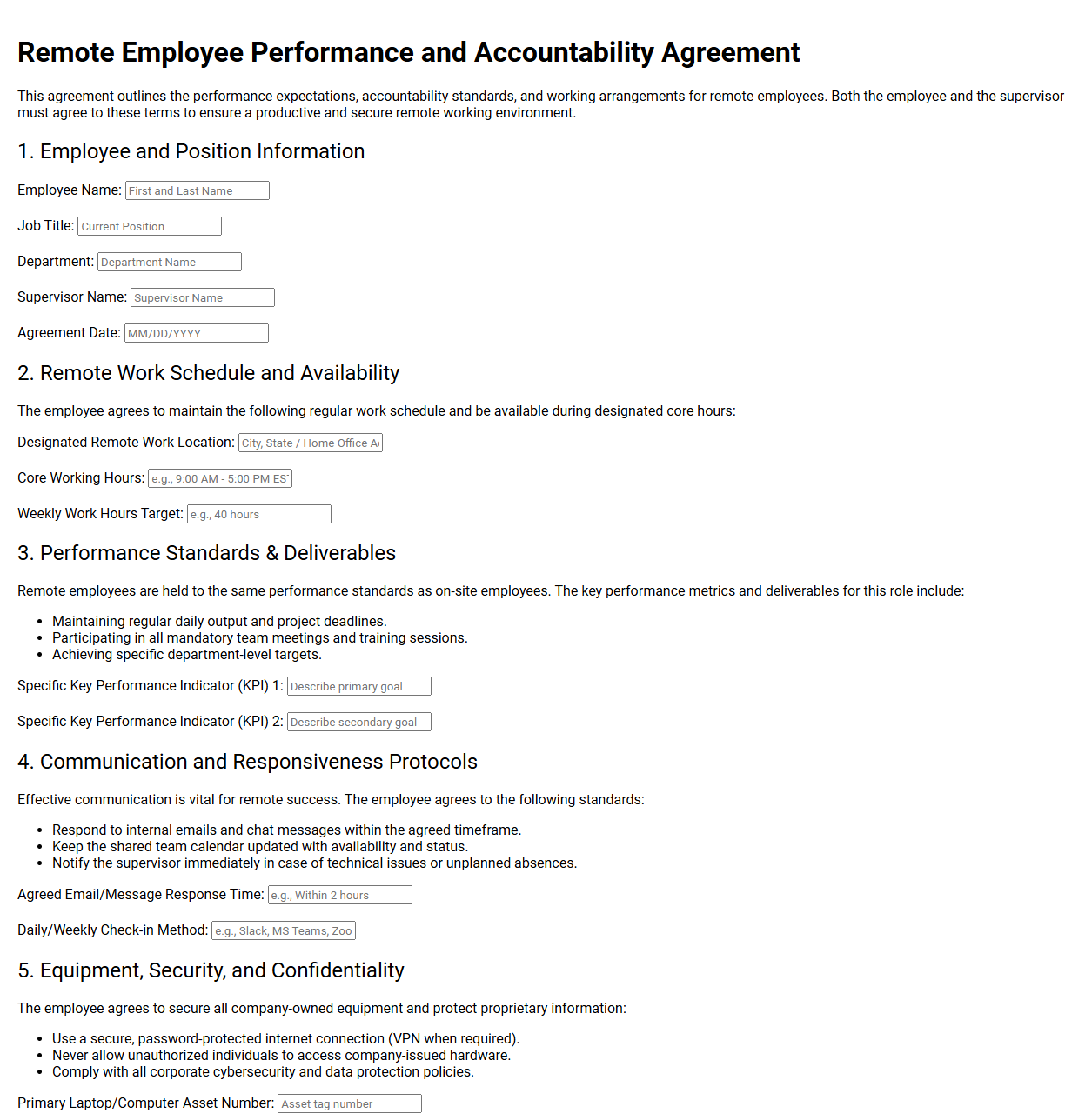 Remote Employee Performance and Accountability Agreement