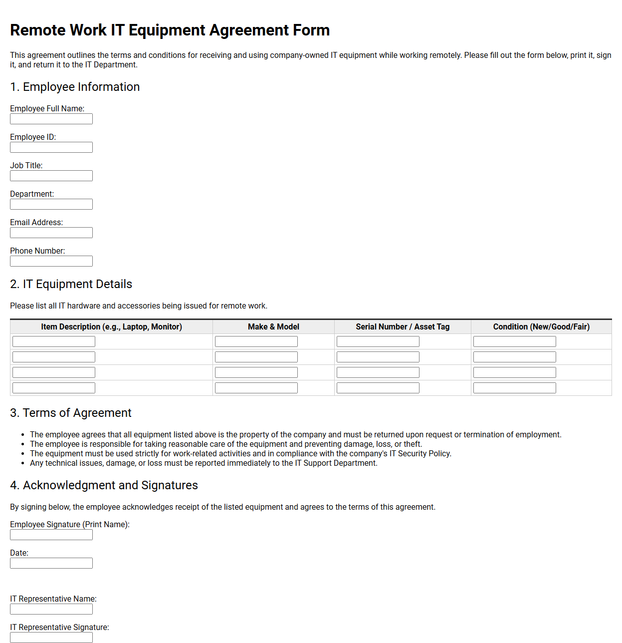 Remote Work IT Equipment Agreement Form