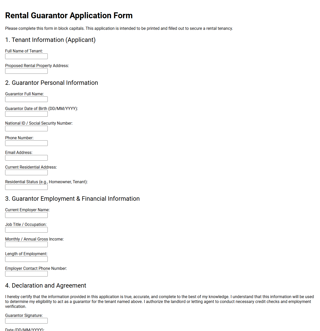 Rental Guarantor Application Form
