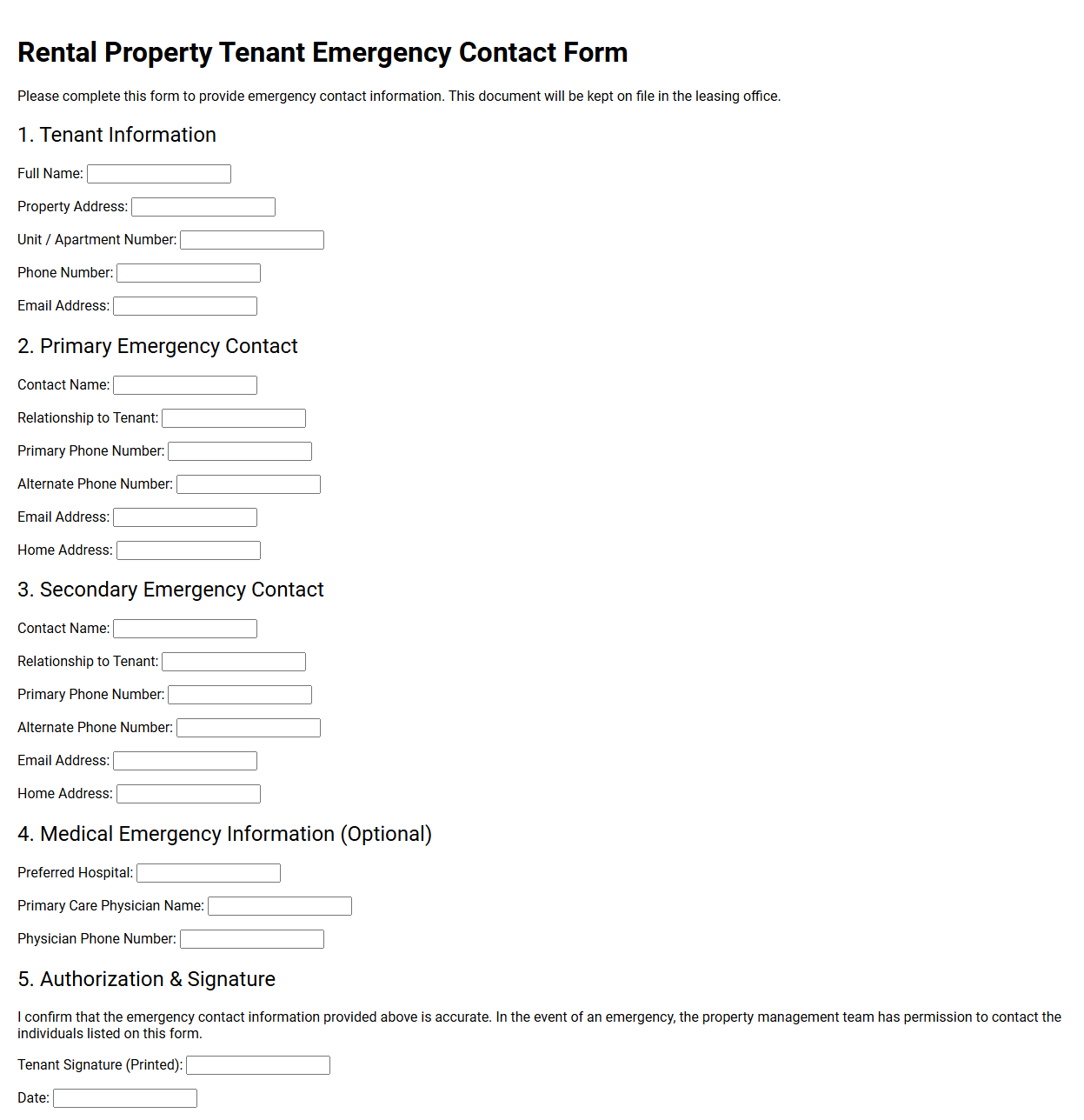 Rental Property Tenant Emergency Contact Form