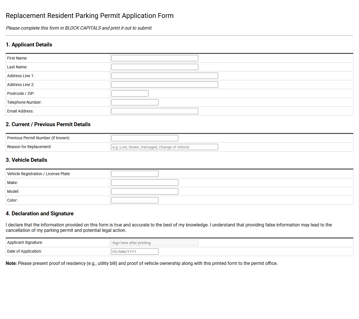 Replacement Resident Parking Permit Application Form