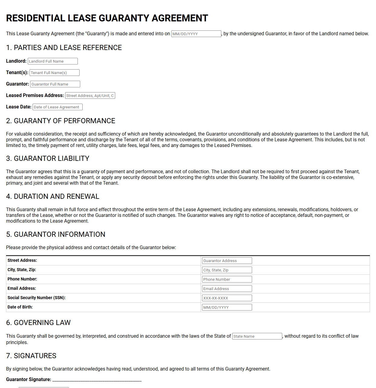 Residential Lease Guaranty Agreement Template