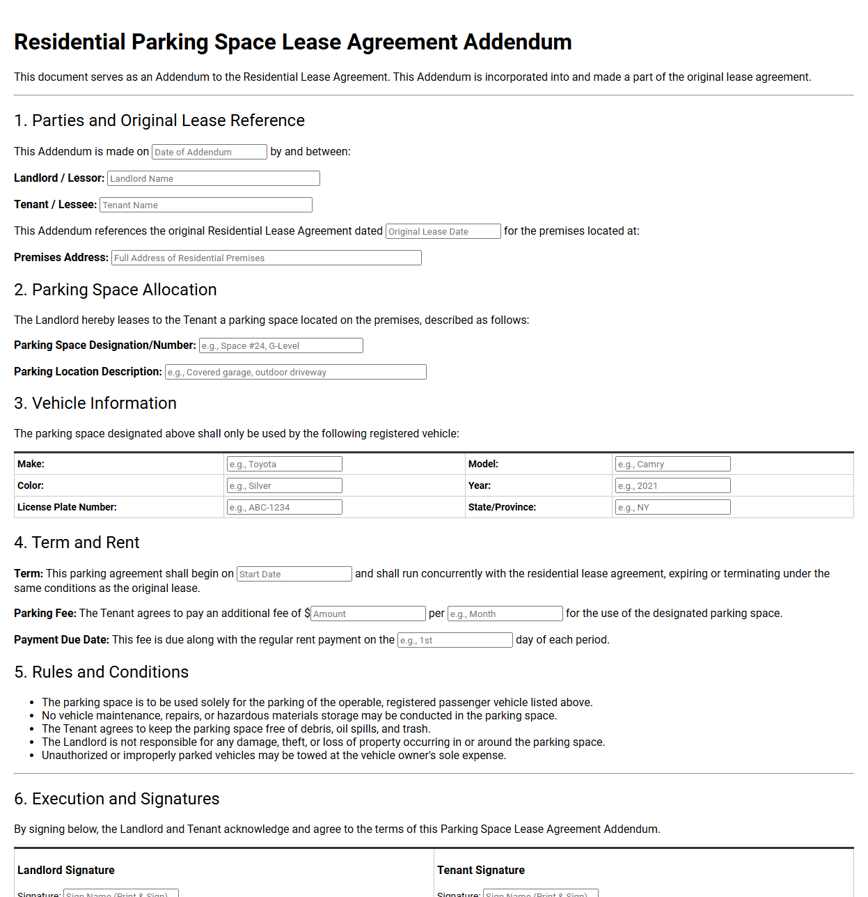 Residential Parking Space Lease Agreement Addendum