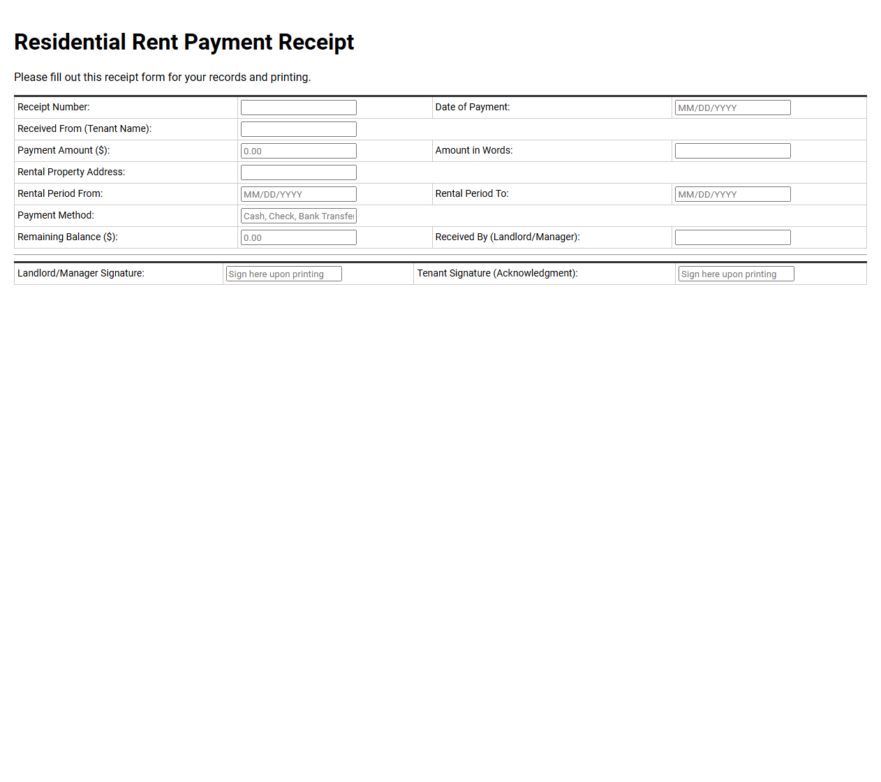Residential Rent Payment Receipt Form