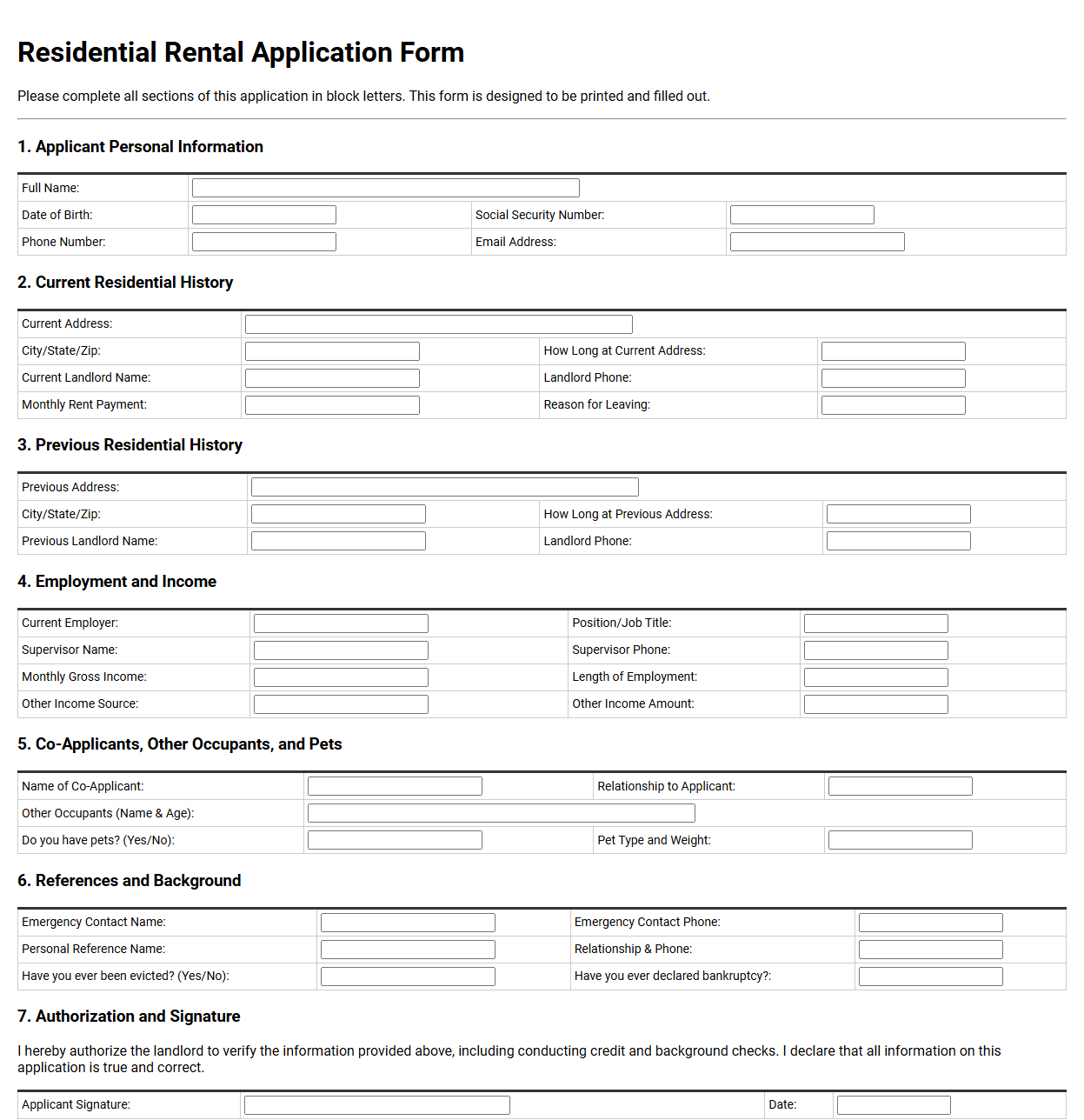 Residential Rental Application Form