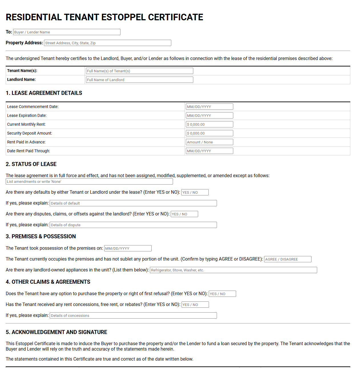 Residential Tenant Estoppel Certificate PDF
