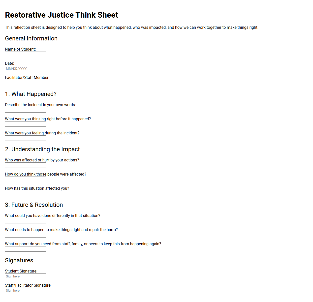 Restorative Justice Think Sheet Template