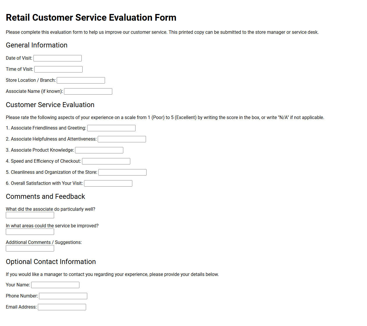 Retail Customer Service Evaluation Form