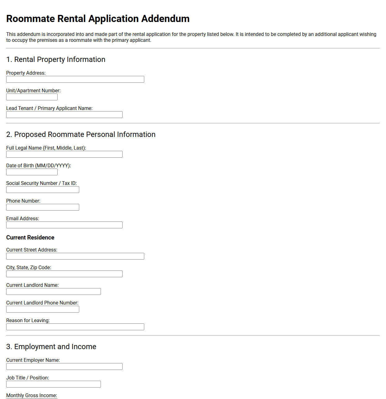 Roommate Rental Application Addendum