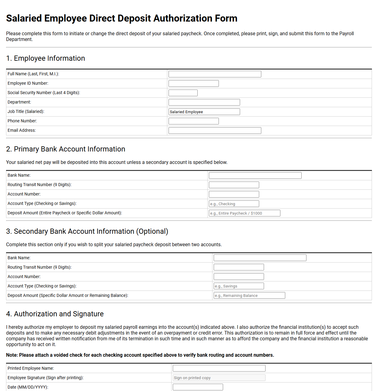 Salaried Employee Direct Deposit Setup Template