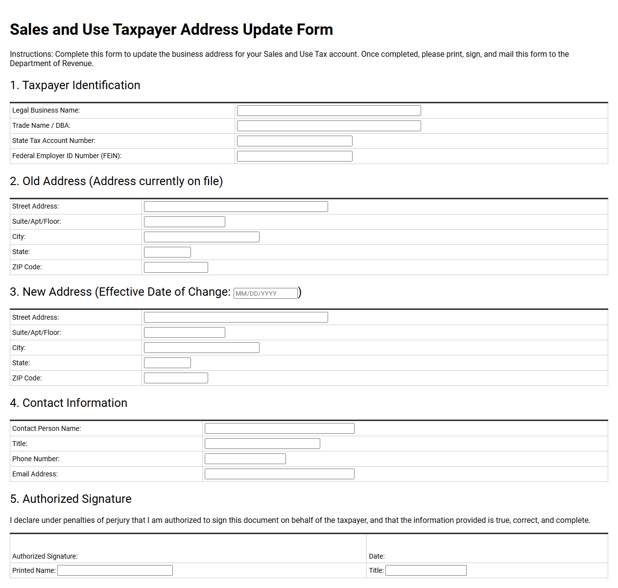 Sales and Use Taxpayer Address Update Form