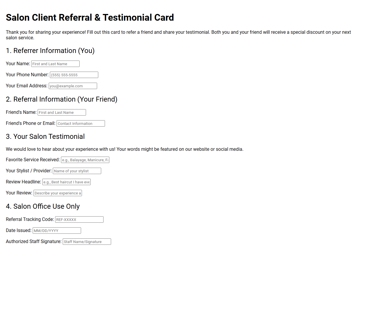 Salon Client Referral and Testimonial Card