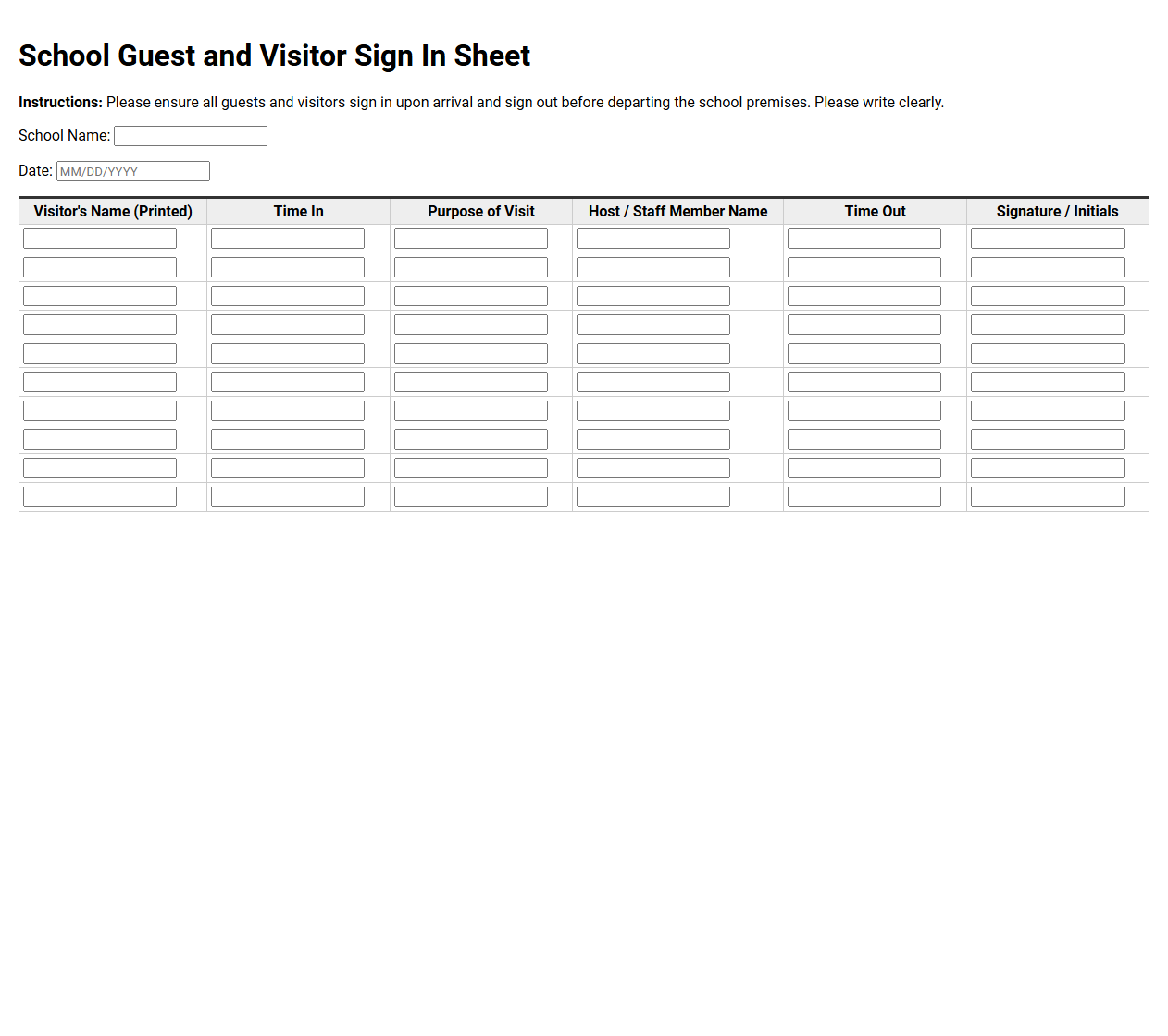 School Guest and Visitor Sign In Sheet