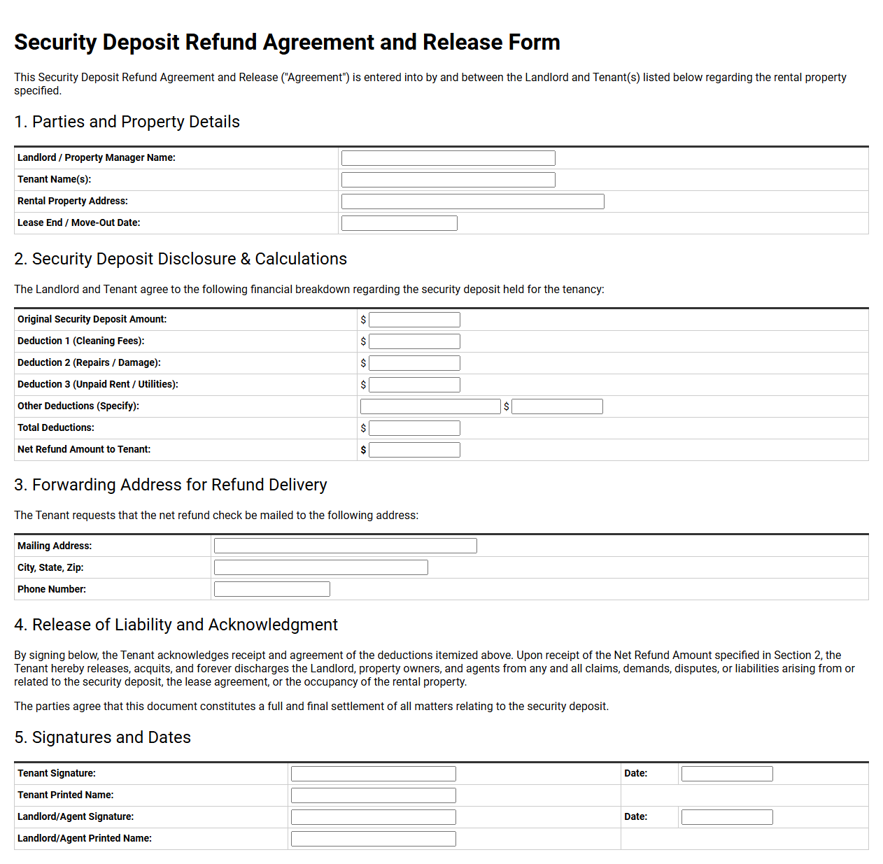 Security Deposit Refund Agreement and Release Form
