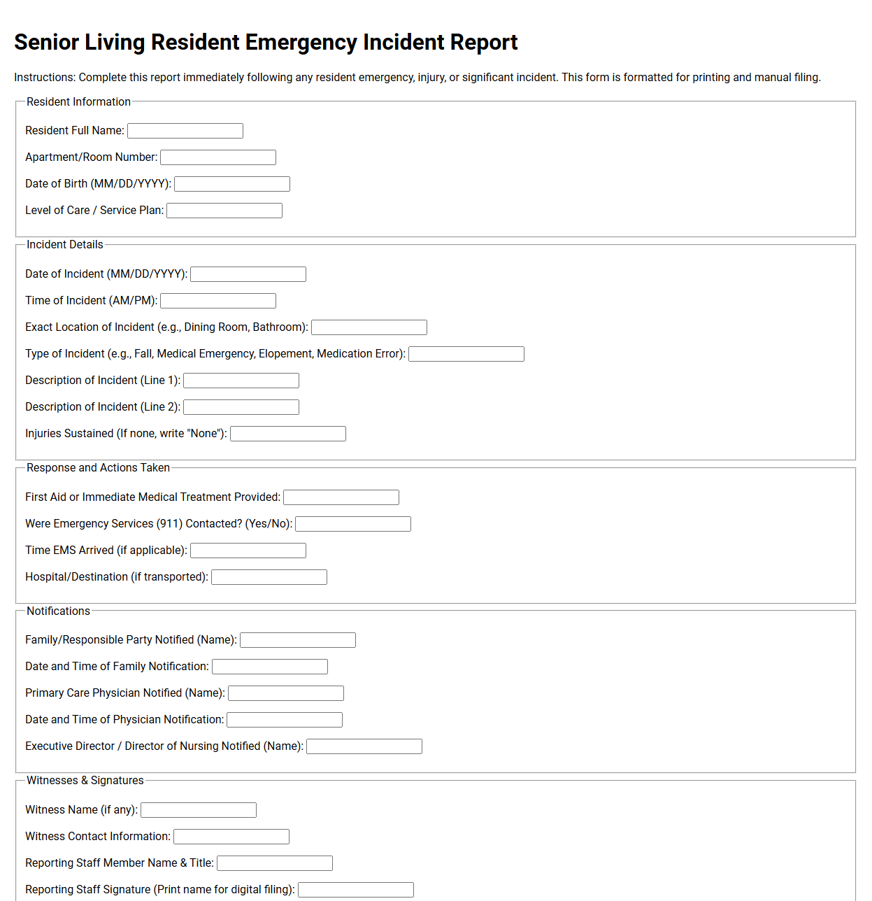 Senior Living Resident Emergency Incident Report