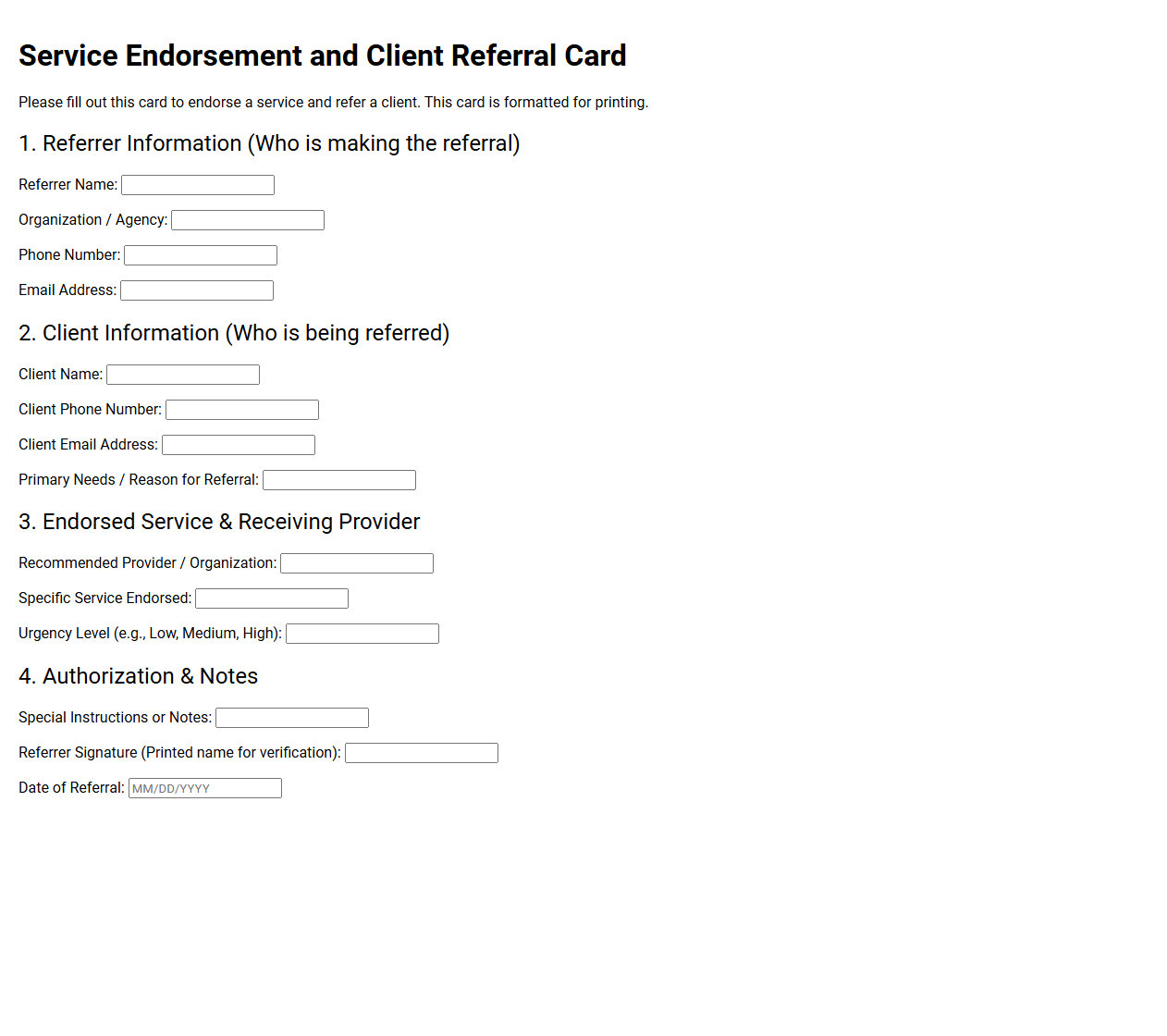 Service Endorsement and Client Referral Card