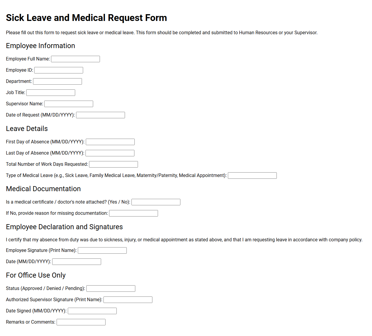 Sick Leave and Medical Request Form Template