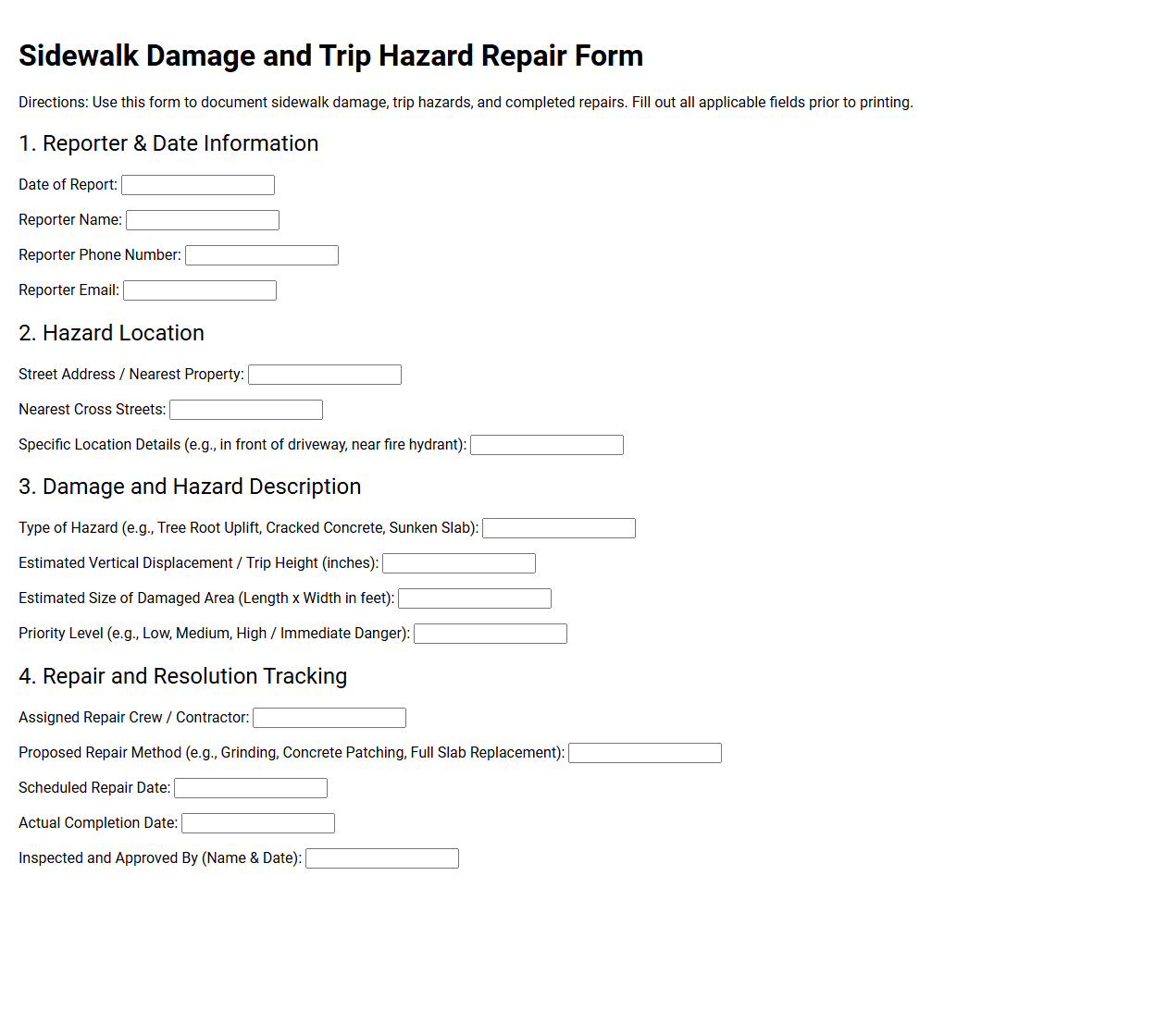 Sidewalk Damage and Trip Hazard Repair Form