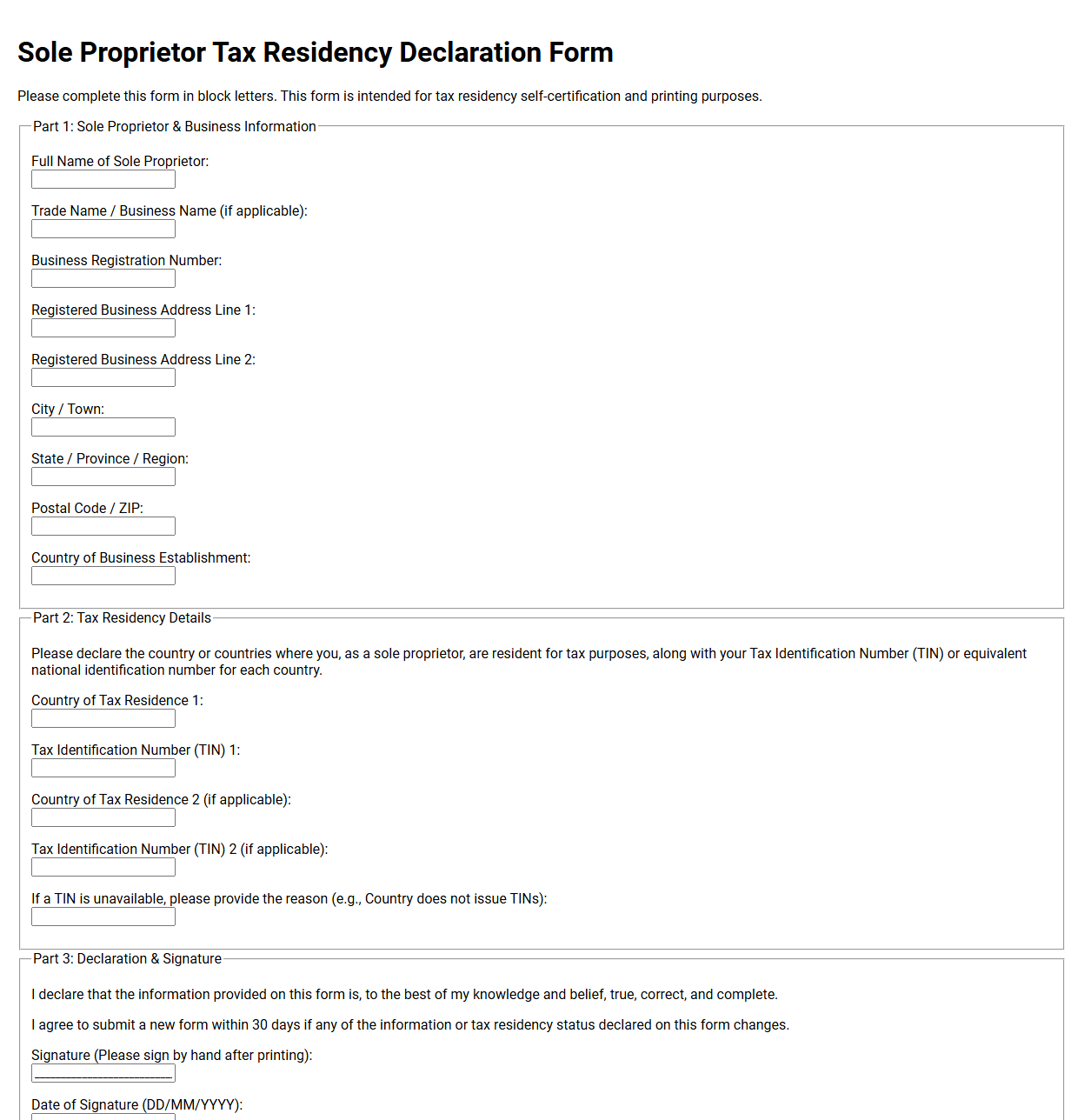 Sole Proprietor Tax Residency Declaration Form
