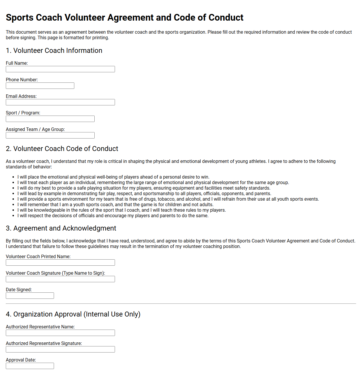 Sports Coach Volunteer Agreement and Code of Conduct