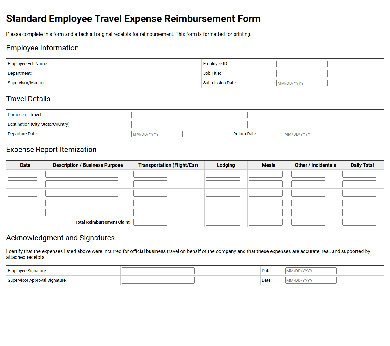 Standard Employee Travel Expense Reimbursement Form
