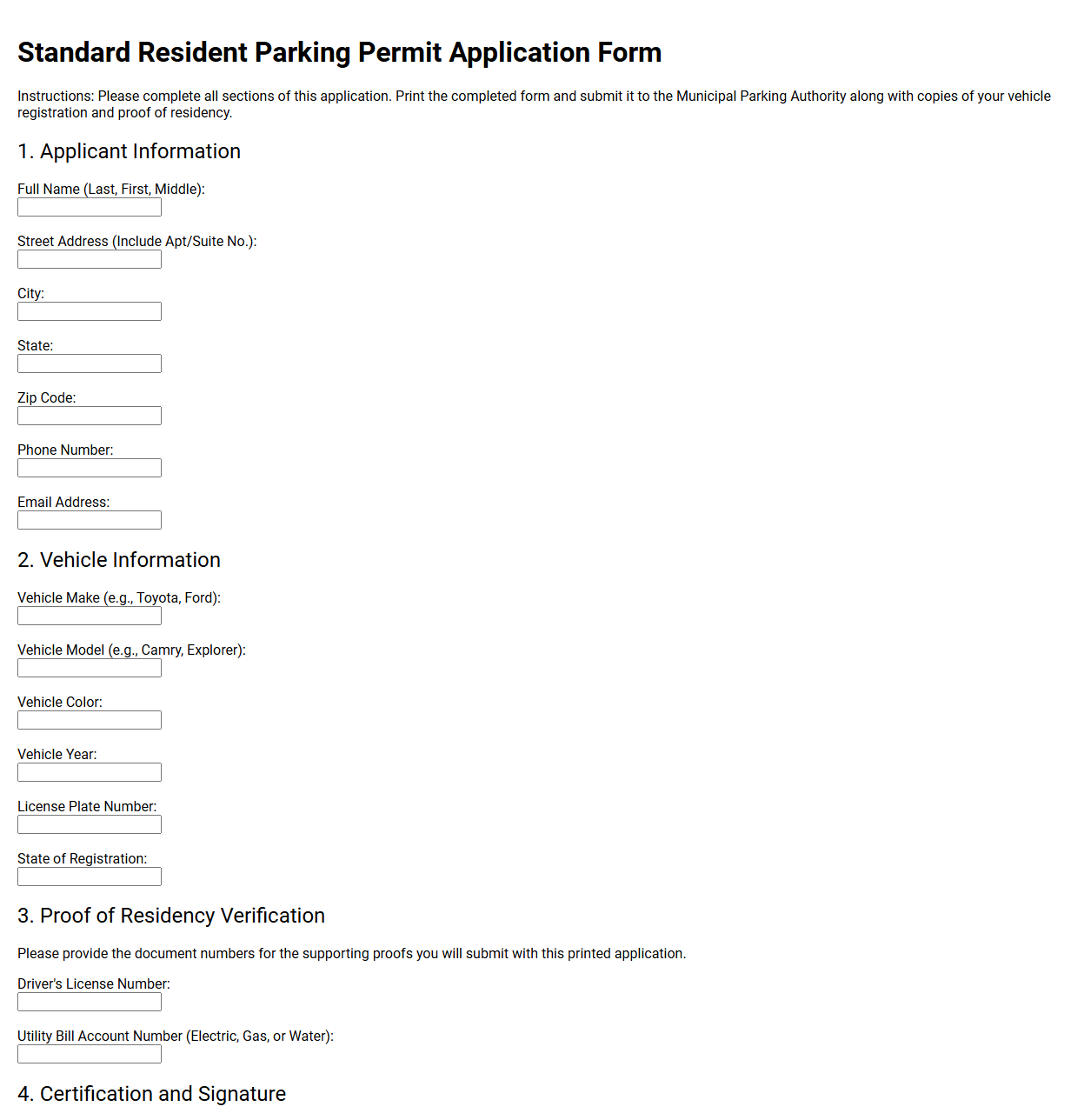 Standard Resident Parking Permit Application Form